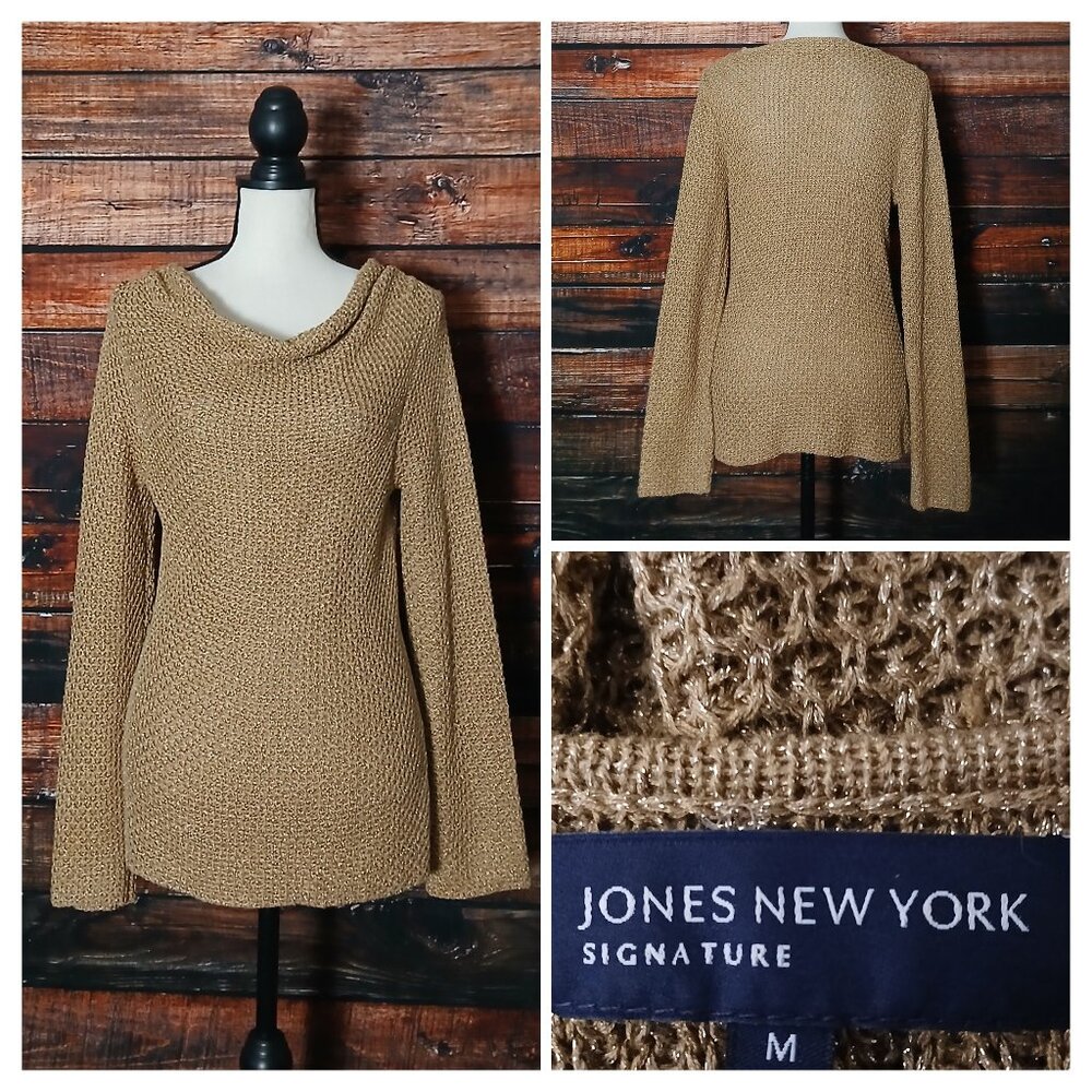 Jones New York Signature Sweater M Gold Metallic Cowl Neck Chain Knit